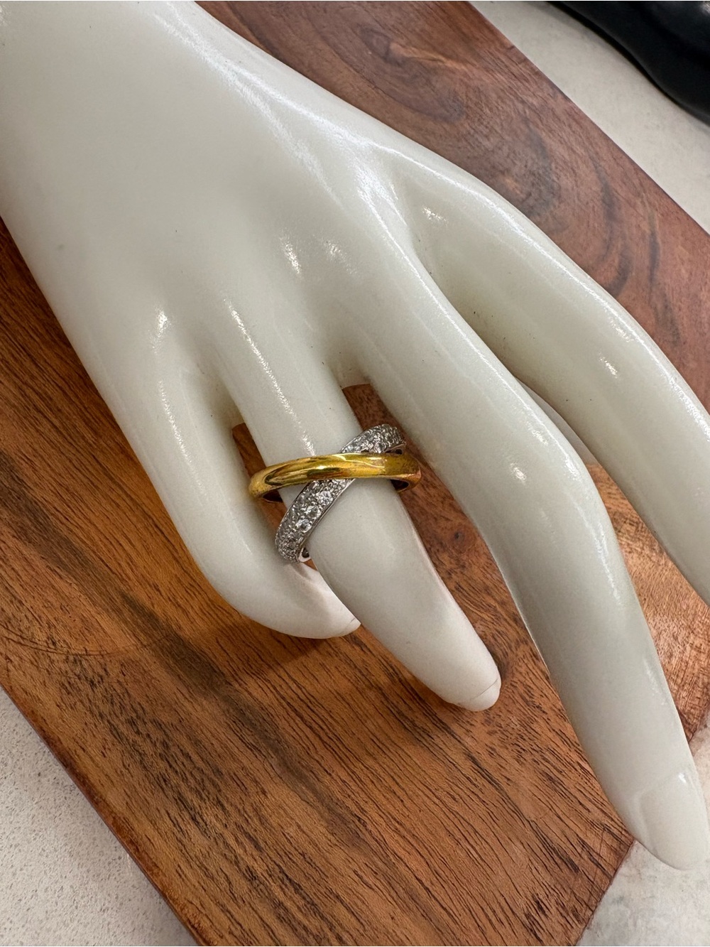 Interlocking Gold and Silver Tone Ring with Pavé Crystals - Size 6.5 - Picture 3 of 13